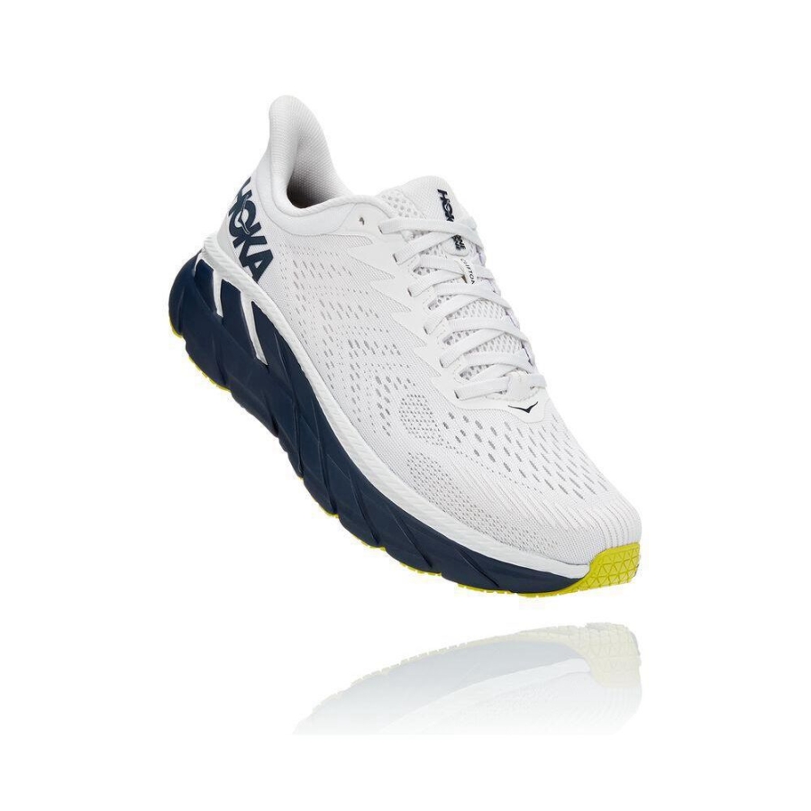 Men\'s Hoka Clifton 7 Running Shoes White / Navy | US34JBSUG