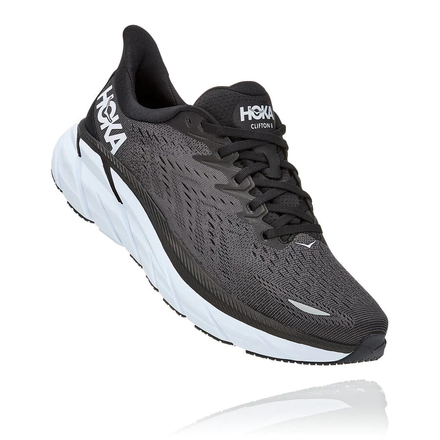 Men\'s Hoka Clifton 8 Road Running Shoes Black / White | US72VGDUT