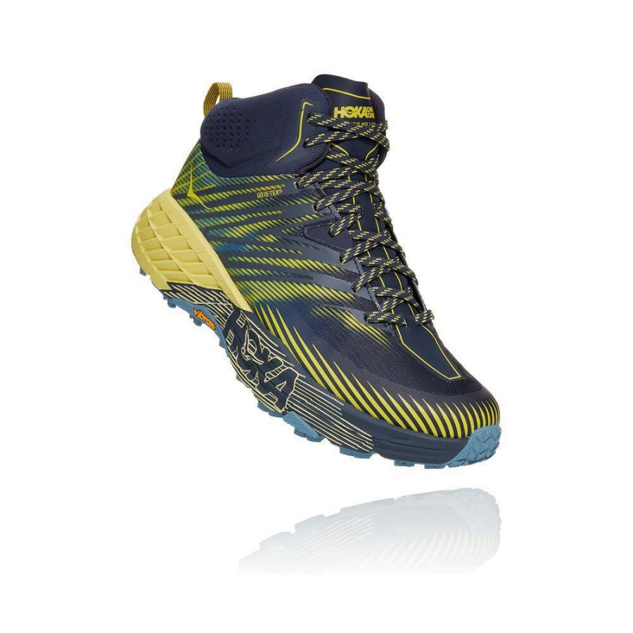 Men\'s Hoka Speedgoat Mid 2 GTX Trail Running Shoes Navy / Yellow | US30QJBCH