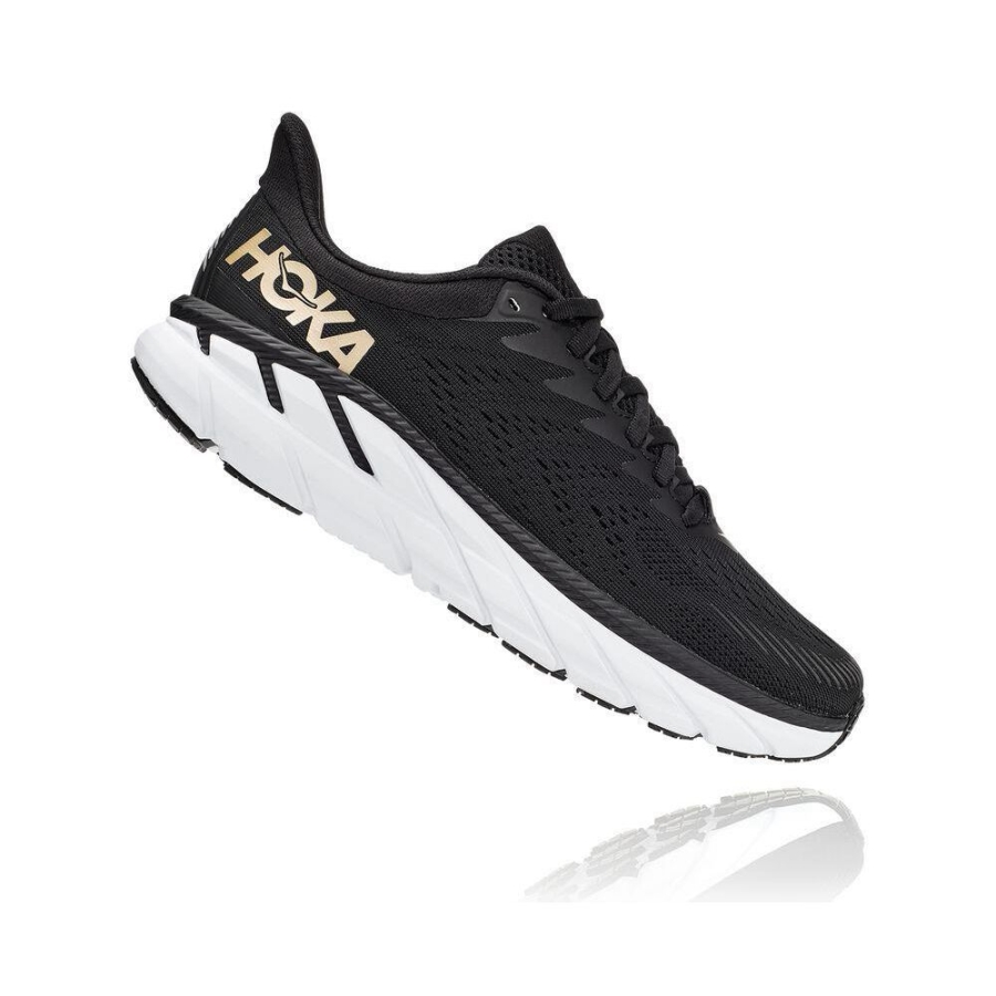 Women's Hoka Clifton 7 Road Running Shoes Black / Gold | US93MHGQK