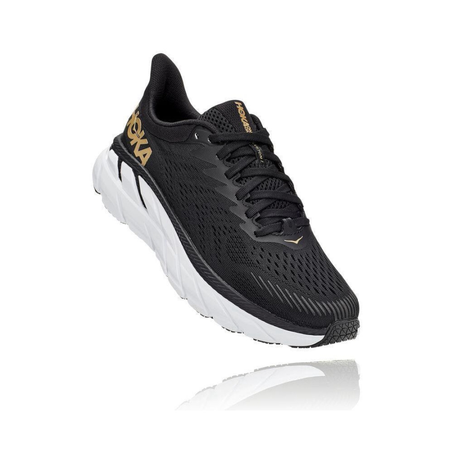 Women\'s Hoka Clifton 7 Running Shoes Black / Gold | US32ECUXB